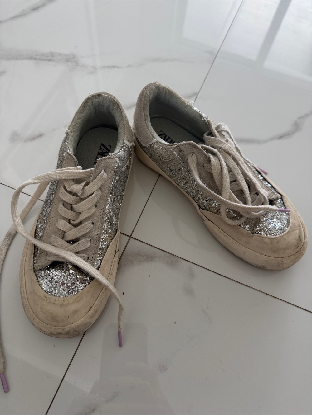 Zara Silver Glitter Lace-Up Kids Sneakers